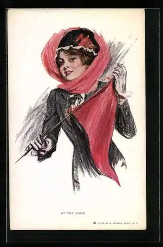 Künstler-AK At the Game, Junge Frau mit Hut und Fähnchen