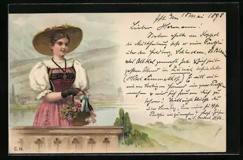 Lithographie Frau in Tracht mit verziertem Strohhut