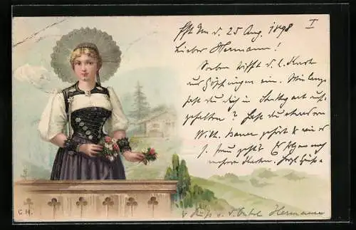 Lithographie Frau in Tracht mit Kopfputz und Blumenstrauss
