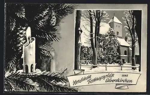AK Alverskirchen, Kirche im Winter mit brennender Kerze