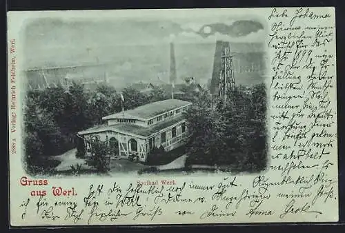 Mondschein-AK Werl, Das Kurhaus aus der Vogelschau