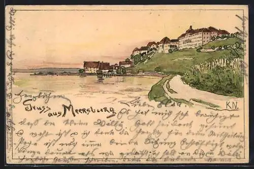 Lithographie Meersburg, Ortspartie mit Hochufer