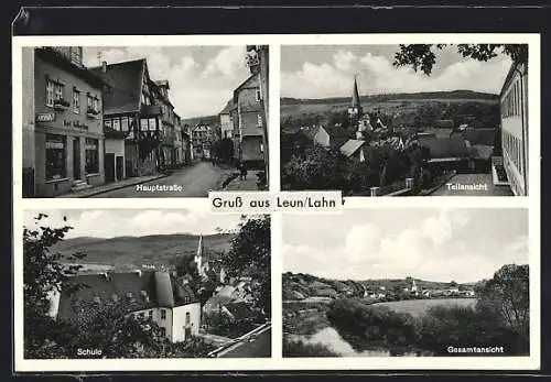 AK Leun /Lahn, Hauptstrasse mit Geschäft Karl Heberling, Schule