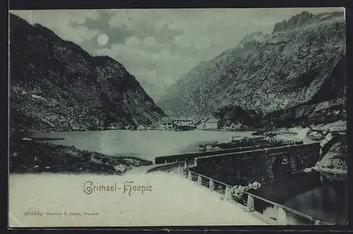 Mondschein-AK Grimsel-Hospiz, Blick über den See
