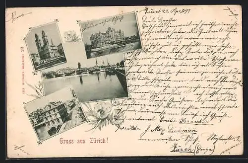 AK Zürich, Schloss, Kirche und Flusspartie