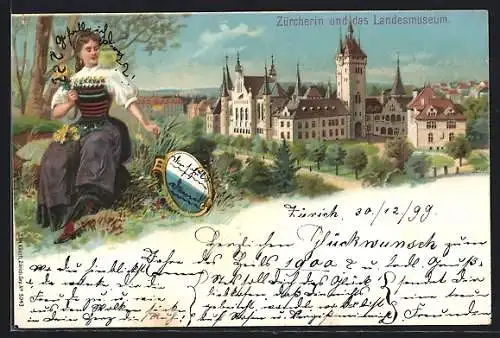 Lithographie Zürich, Frau in Trachten vor dem Landesmuseum