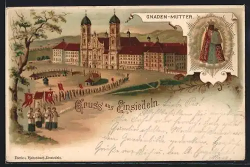Lithographie Einsiedeln, Wallfahrtskirche mit Gnadenmutter
