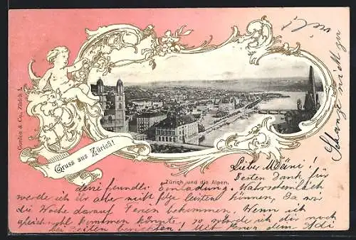 AK Zürich, Stadtansicht mit den Alpen im Passepartout