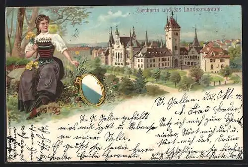 Lithographie Zürich, Frau in Trachten vor dem Landesmuseum