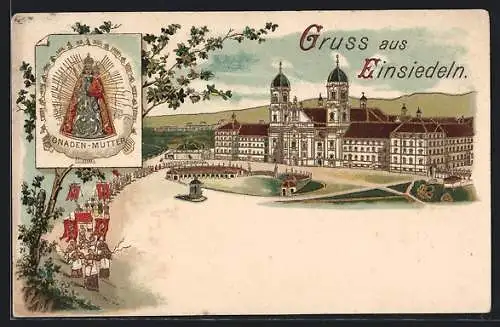 Lithographie Einsiedeln, Kloster mit Prozession