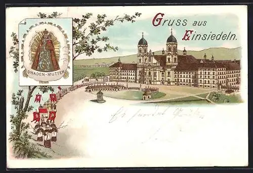 Lithographie Einsiedeln, Prozession und Gnaden-Mutter