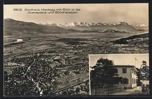 AK Walzenhausen, Gasthaus Meldegg mit Blick in die Scesaplana und Bündneralpen