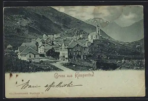 AK Hospenthal, Ortsansicht mit Kirche und Ruine