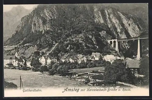AK Amsteg, Totalansicht mit Kerstelenbachbrücke und Reuss