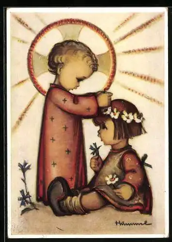 Künstler-AK Hummel: Jesuskind setzt Mädchen einen Blumenkranz auf