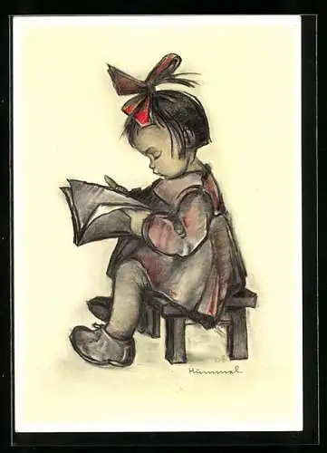 Künstler-AK Hummel: Bücherwurm, Kleines Mädchen liest auf Hocker