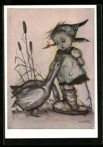 Künstler-AK Hummel: Mädchen hütet die Gänse, Gänseliesel