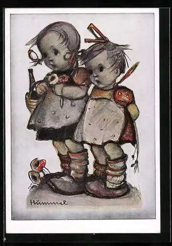 Künstler-AK Hummel: Gratulanten mit Korb