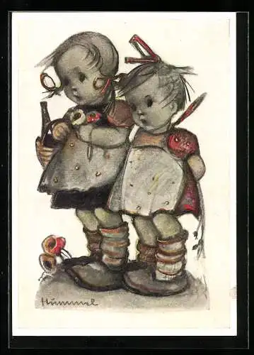 Künstler-AK Hummel: Zwei Mädchen als Gratulanten zum Namenstag