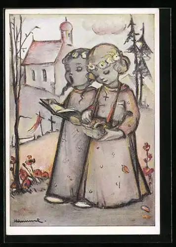 Künstler-AK Hummel: Zwei singende Kinder