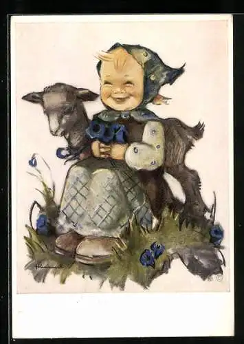 Künstler-AK Hummel: Fröhlich lachendes Mädchen mit Lämmchen