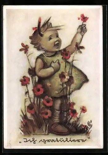 Künstler-AK Hummel: Mädchen pflückt Blumen auf der Wiese