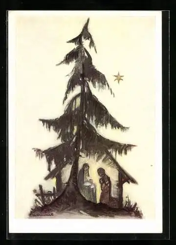 Künstler-AK Hummel: Frohe Weihnachten!, Krippe unter Tannenbaum