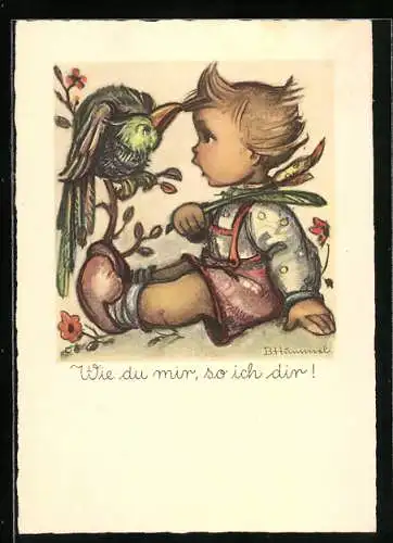 Künstler-AK Hummel: Kleiner Junge schimpft mit Vogel Wie du mir, so mich dir