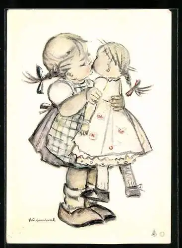 Künstler-AK Hummel: Puppenmütterchen, Mädchen küsst ihre Puppe