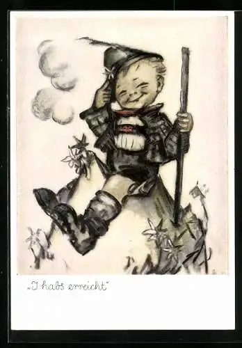 Künstler-AK Hummel: I habs erreicht, Wanderer auf dem Gipfel