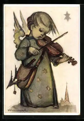 Künstler-AK Hummel: Weihnachtsengel spielt ein Lied auf der Geige, Weihnachtslied