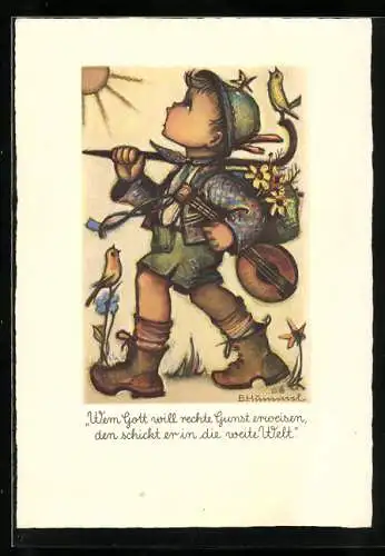 Künstler-AK Hummel: Kleiner Junge wandert an einem sonnigen Tag