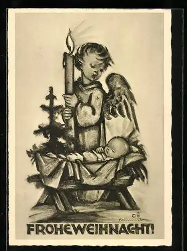 Künstler-AK Hummel: Weihnachtsengel mit Kerze beschützt das Christkind, Weihnachtsgruss