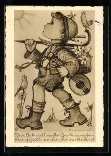 Künstler-AK Hummel: junger Wandersmann mit Gitarre und Wanderstock