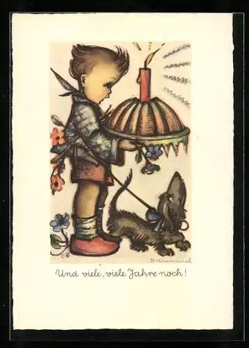 Künstler-AK Hummel: Kind mit Kuchen und Dackel