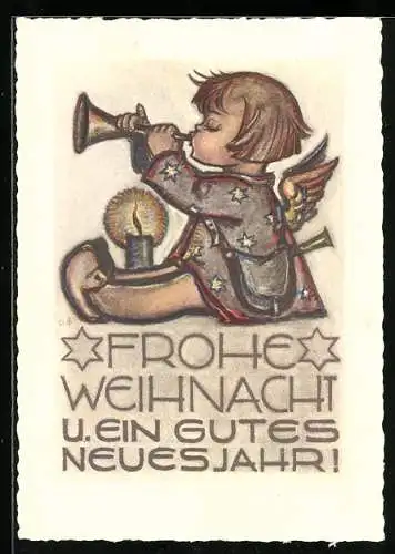 Künstler-AK Hummel: Engel spielt Weihnachtslieder auf Trompete