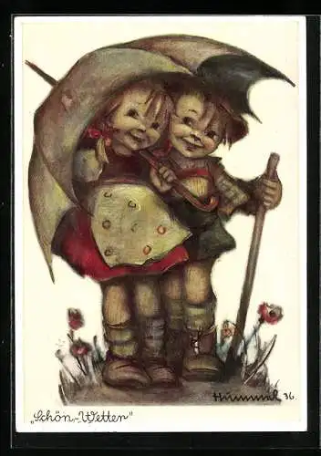 Künstler-AK Hummel: Kleines Mädchen und kleiner Junge unter einem Schirm