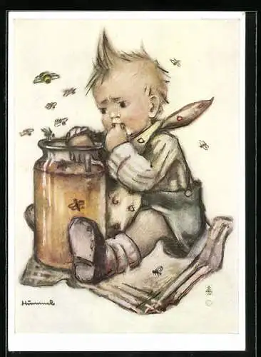Künstler-AK Hummel: Junge nascht vom Honig
