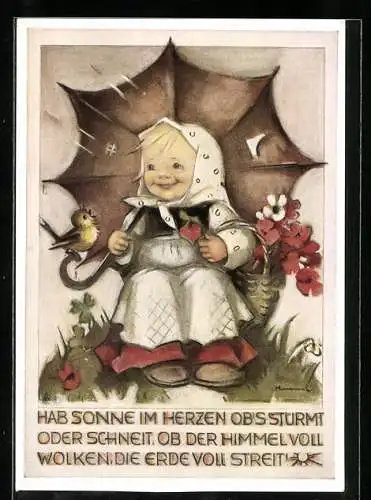 Künstler-AK Hummel: Mädchen sitzt lächelnd unter einem Regenschirm und betrachtet einen Vogel