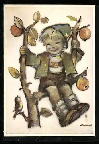 Künstler-AK Hummel: Junge sitzt im Apfelbaum