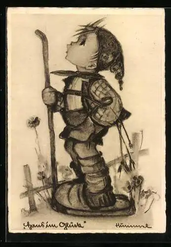 Künstler-AK Hummel: Kind in Tracht mit Wanderstock