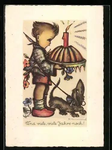 Künstler-AK Hummel: Junge mit Kuchen und Dackel
