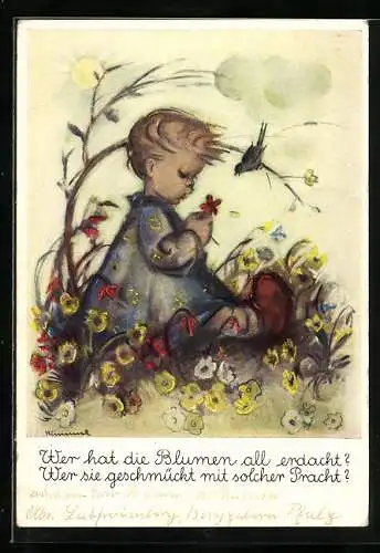 Künstler-AK Hummel: Wer hat die Blumen all erdacht?, Mädchen mit Blume und Vogel