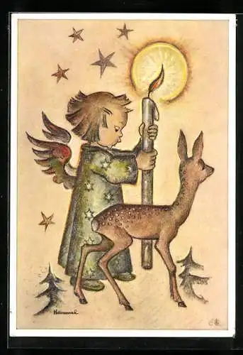 Künstler-AK Hummel: Engelchen mit Kerze und Rehkitz
