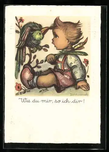 Künstler-AK Hummel: Kleiner Junge schimpft mit Vogel Wie du mir, so mich dir