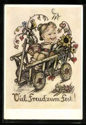 Künstler-AK Hummel: Kleiner fröhlicher Junge im Bollerwagen sitzend