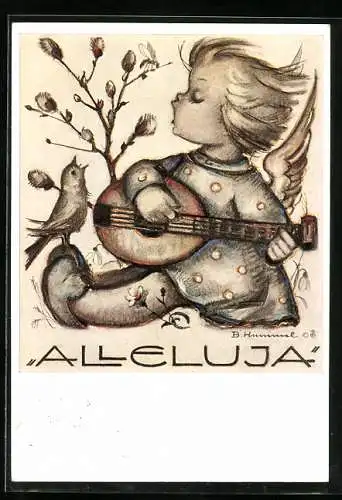 Künstler-AK Hummel: Mädchen spielt auf der Gitarre und der Vogel singt dazu