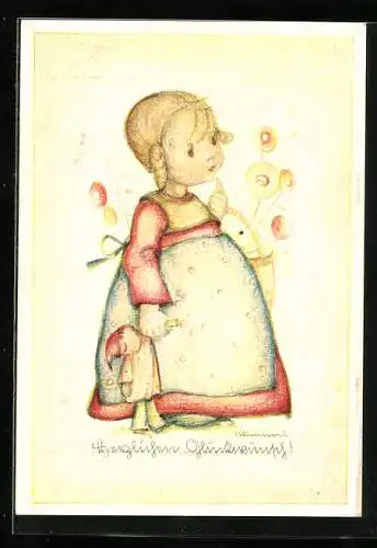 Künstler-AK Hummel: Mädchen mit Korb u. Puppe