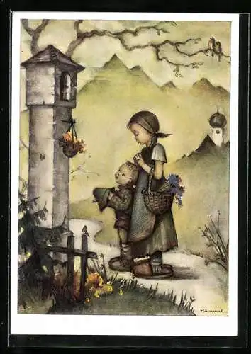 Künstler-AK Hummel: Kinder stehen betend am Wegesrand, Abendläuten