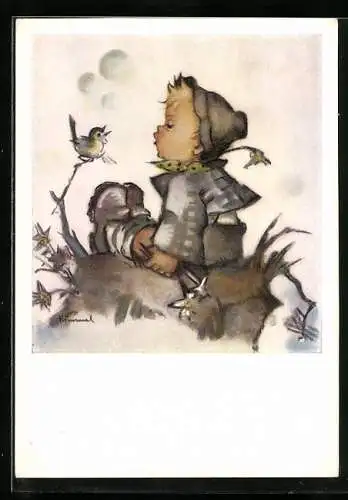 Künstler-AK Hummel: Junge singt zusammen mit einem Vogel, Ein frohes Lied